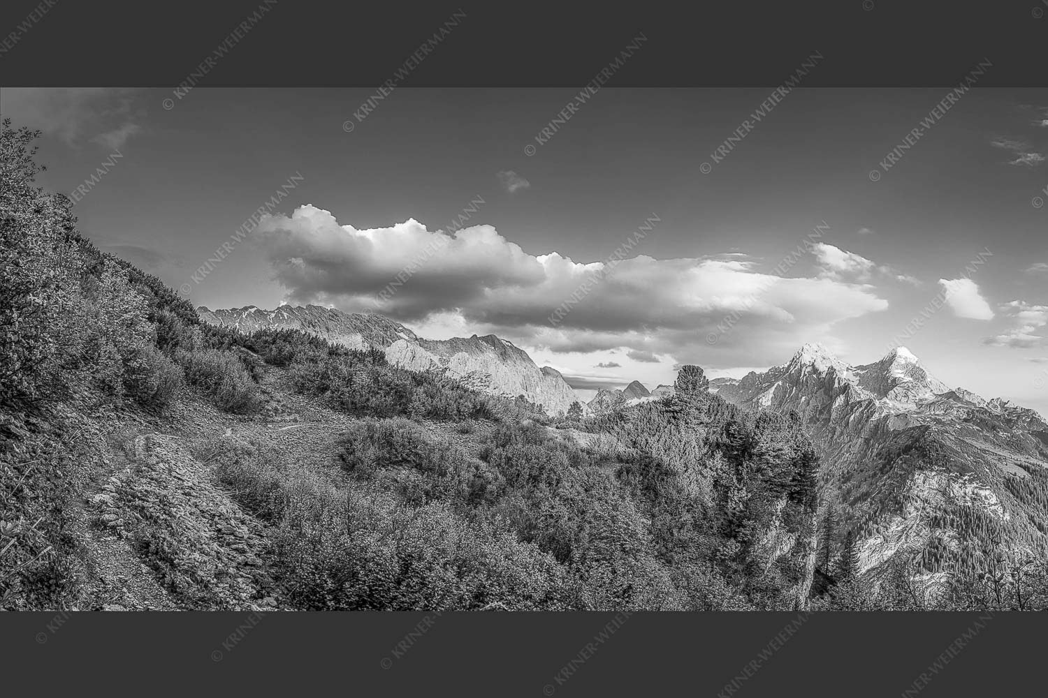 Kurz hinter dem Schachenschloss offenbart sich dieser einzigartige Ausblick ins Reintal - Über dem tiefen Tal 2:1 sw -- Schachen und Alpspitze - mehr Infos bei www.Kriner-Weiermann.de