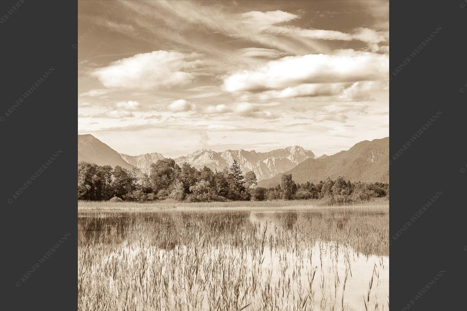 Überschwemmtes Feld nach Hochwasser bei Murnau mit Zugspitzmassiv - Überfluss 1:1 sepia -- Murnau mit Alpspitze und Zugspitze - mehr Infos bei www.Kriner-Weiermann.de