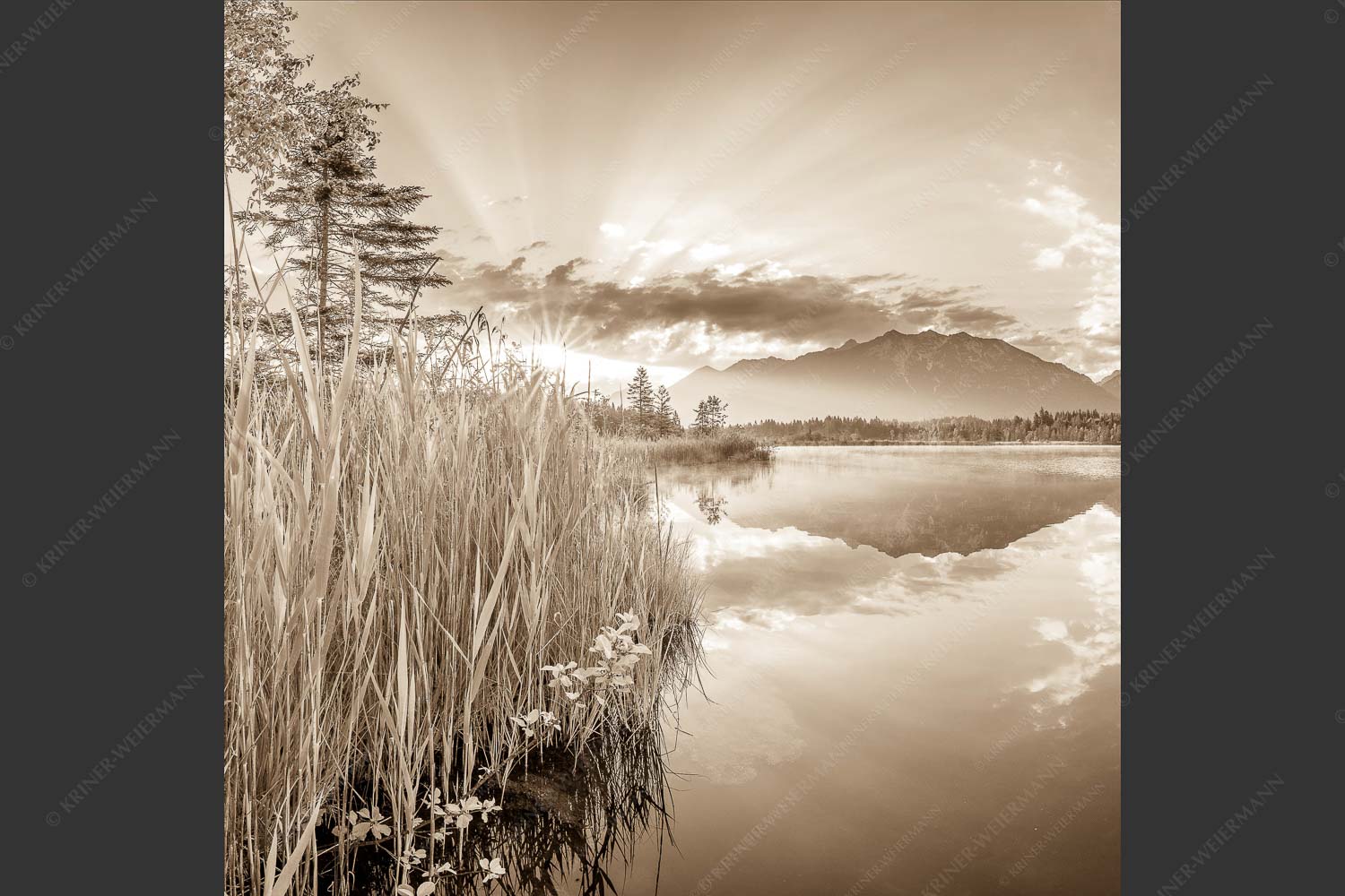 Sonnenaufgang am Barmsee mit Blick zum Karwendel und Wettersteingebirge - Utopia II 1:1 sepia -- Sonnenaufgang am Barmsee - mehr Infos bei www.Kriner-Weiermann.de