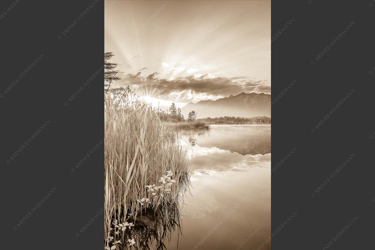 Sonnenaufgang am Barmsee mit Blick zum Karwendel und Wettersteingebirge - Utopia II 2:3 sepia -- Sonnenaufgang am Barmsee - mehr Infos bei www.Kriner-Weiermann.de