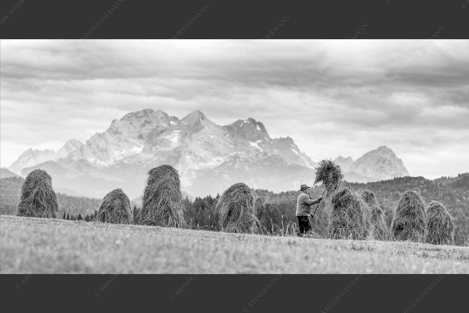 Stanker vor Zugspitzmassiv mit Hochblassen, Alpspitze, Zugspitze und Waxenstein - Wia friahra 2:1 sw -- Heuarbeit Heustankern - mehr Infos bei www.Kriner-Weiermann.de
