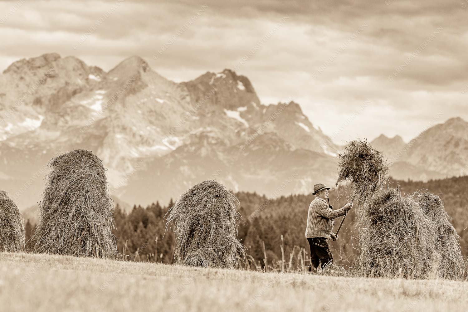 Stanker vor Zugspitzmassiv mit Hochblassen, Alpspitze, Zugspitze und Waxenstein - Wia friahra 3:2 sepia -- Heuarbeit Heustankern - mehr Infos bei www.Kriner-Weiermann.de