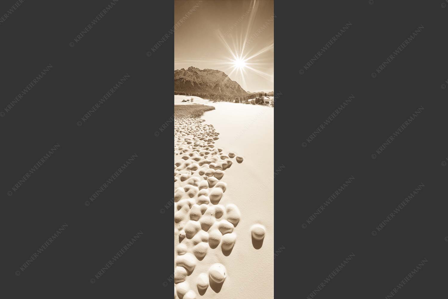 Blick über den Schmalensee zum Karwendelgebirge - Zuckerguss 1:3 sepia -- Winter und Schnee am Schmalensee mit Karwendel - mehr Infos bei www.Kriner-Weiermann.de
