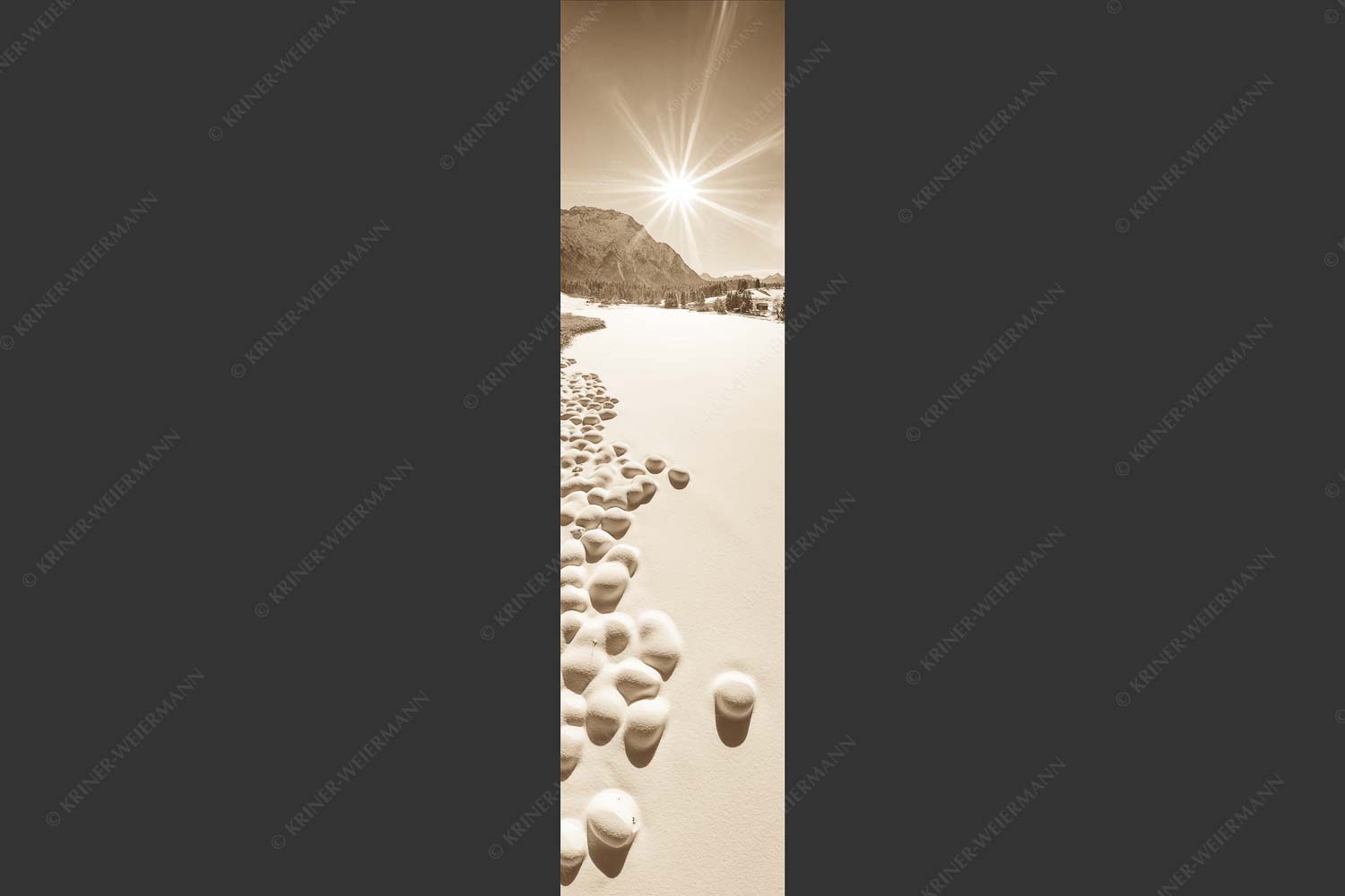 Blick über den Schmalensee zum Karwendelgebirge - Zuckerguss 1:4 sepia -- Winter und Schnee am Schmalensee mit Karwendel - mehr Infos bei www.Kriner-Weiermann.de