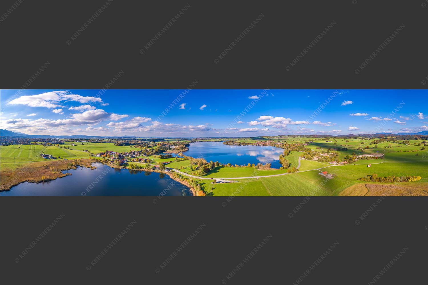 Blick über den Froschhauser- und Riegsee mit den gleichnamigen Orten - Zwei Voralpenseen 4:1  -- Froschhausersee und Riegsee - mehr Infos bei www.Kriner-Weiermann.de