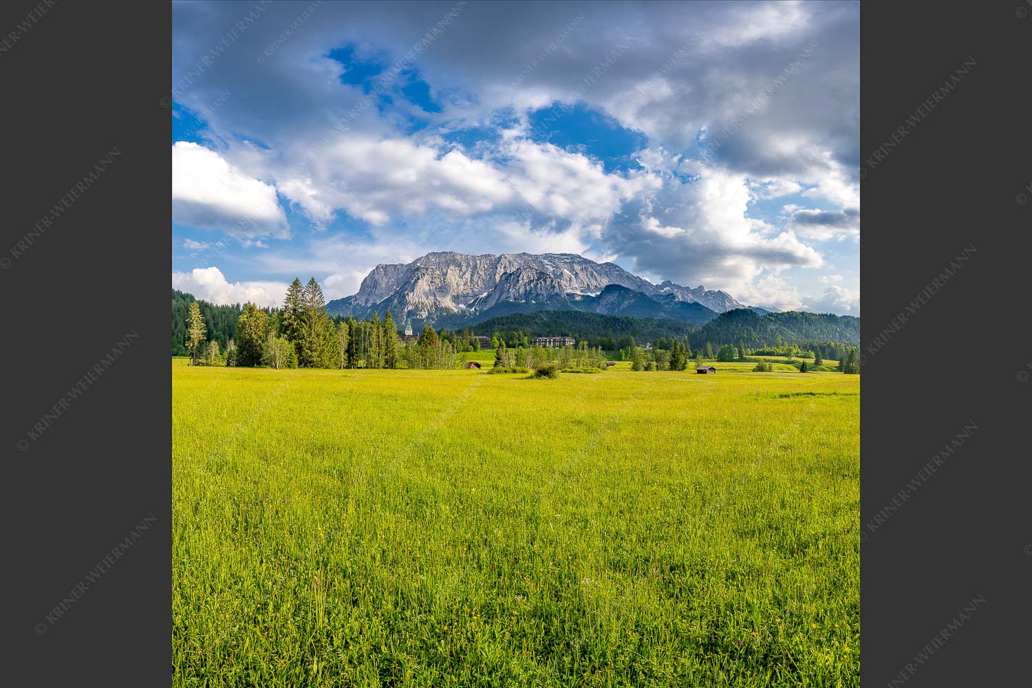 Blick zum Schloss Elmau und Wettersteingebirge - Elmauer Wiesen 1:1  -- Elmauer Tal - mehr Infos bei www.Kriner-Weiermann.de