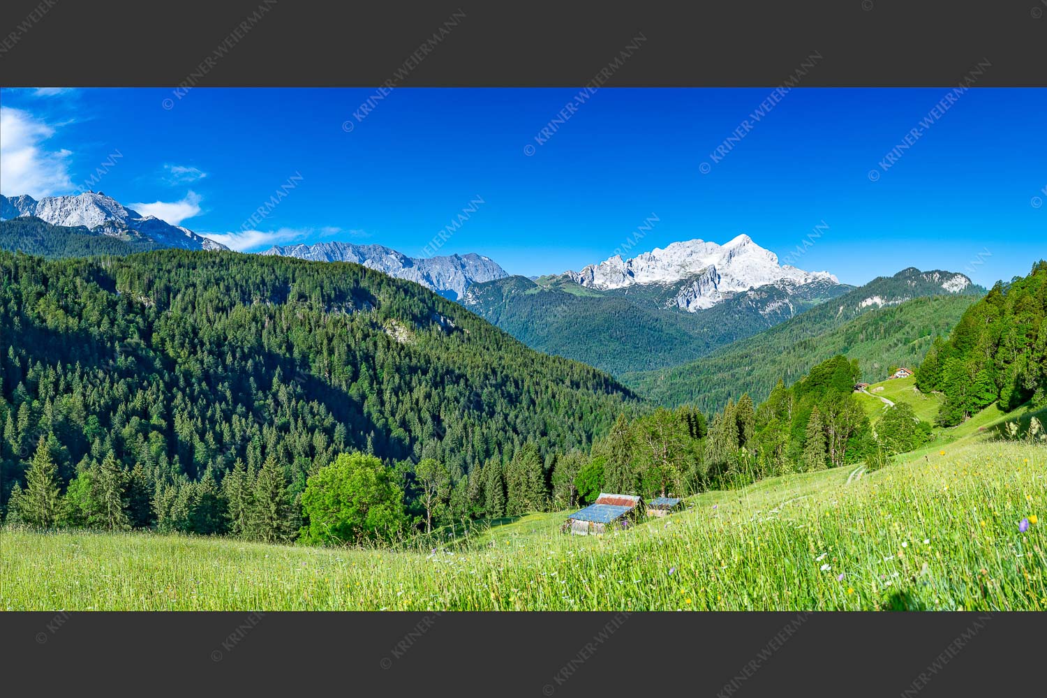 Blick über Wiesmahd zur Alpspitze im Wetterstein - Hintergraseckpanorama 2:1  -- Wetterstein - mehr Infos bei www.Kriner-Weiermann.de