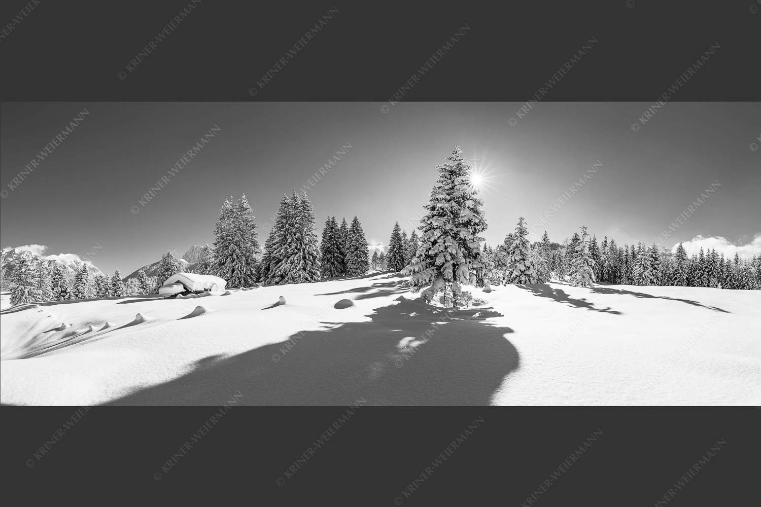 Verschneite Winterlandschaft mit Karwendel im Hintergrund - Reichlich Schnee 2,5:1 sw -- Winter Wald Karwendel - mehr Infos bei www.Kriner-Weiermann.de