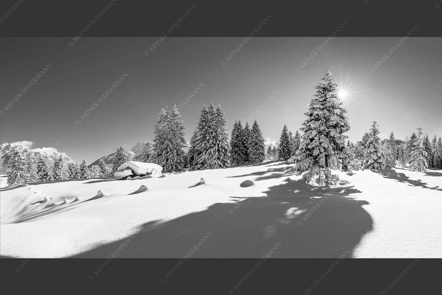 Verschneite Winterlandschaft mit Karwendel im Hintergrund - Reichlich Schnee 2:1 sw -- Winter Wald Karwendel - mehr Infos bei www.Kriner-Weiermann.de