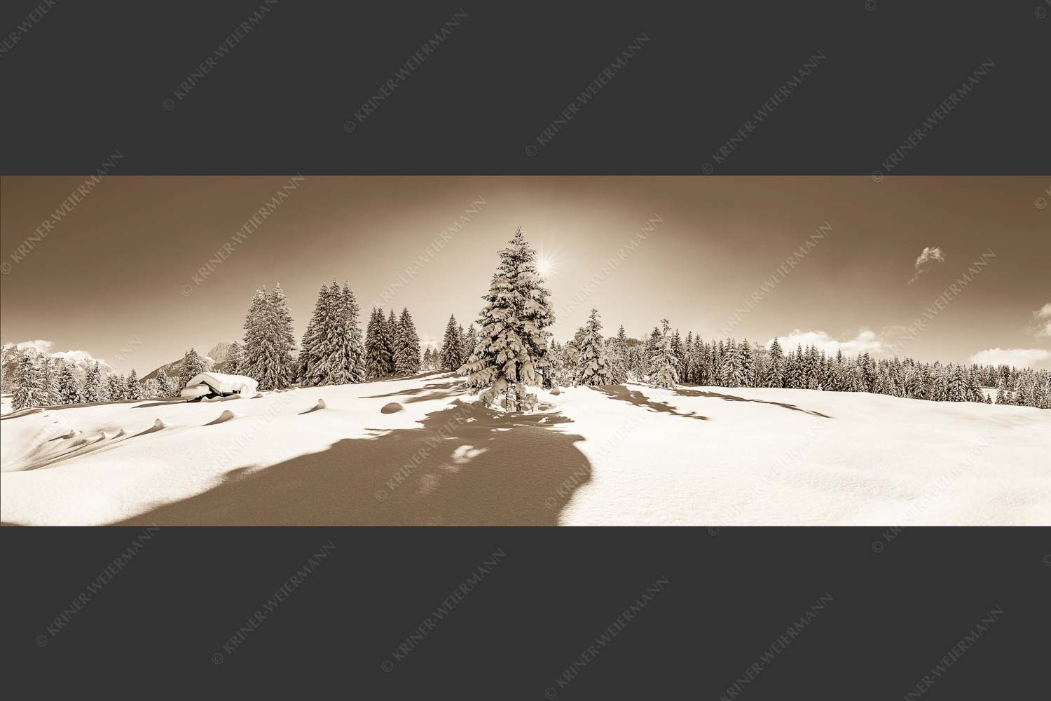 Verschneite Winterlandschaft mit Karwendel im Hintergrund - Reichlich Schnee 3:1 sepia -- Winter Wald Karwendel - mehr Infos bei www.Kriner-Weiermann.de