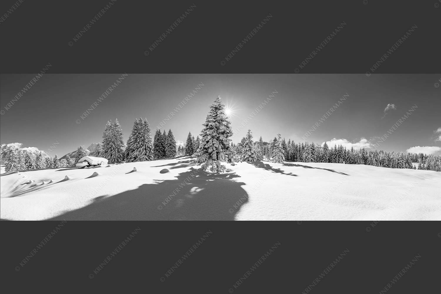 Verschneite Winterlandschaft mit Karwendel im Hintergrund - Reichlich Schnee 3:1 sw -- Winter Wald Karwendel - mehr Infos bei www.Kriner-Weiermann.de