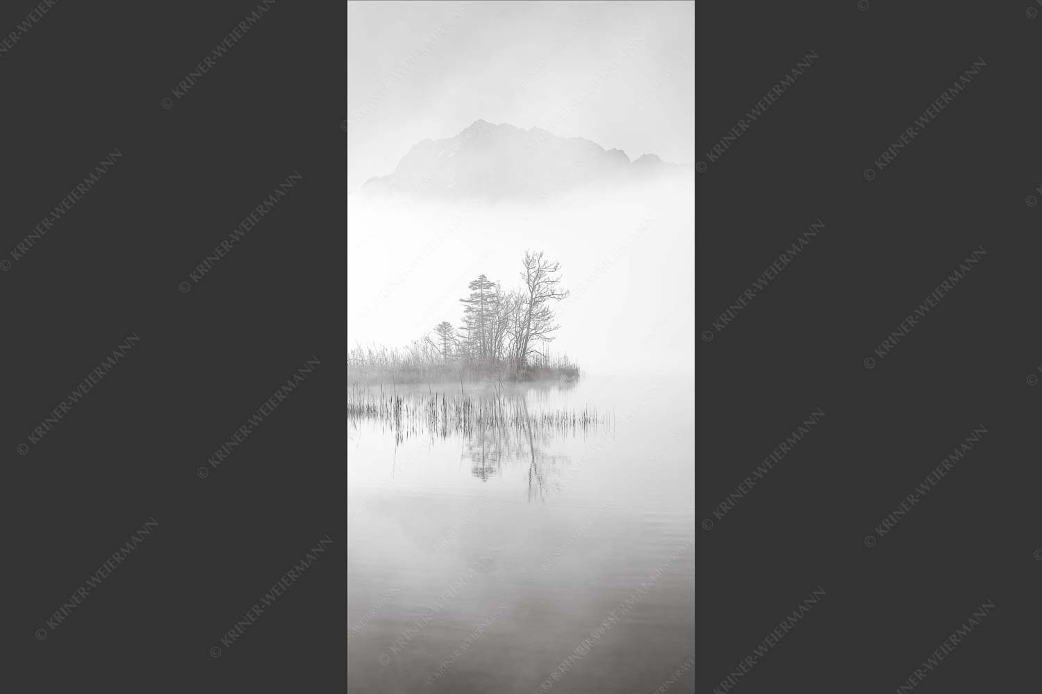 Blick über den Barmsee zum Wörner und Tiefkarspitze im Karwendelgebirge - Zwischen Spiegel und Schleier 1:2 sw -- Barmsee mit Karwendel - mehr Infos bei www.Kriner-Weiermann.de