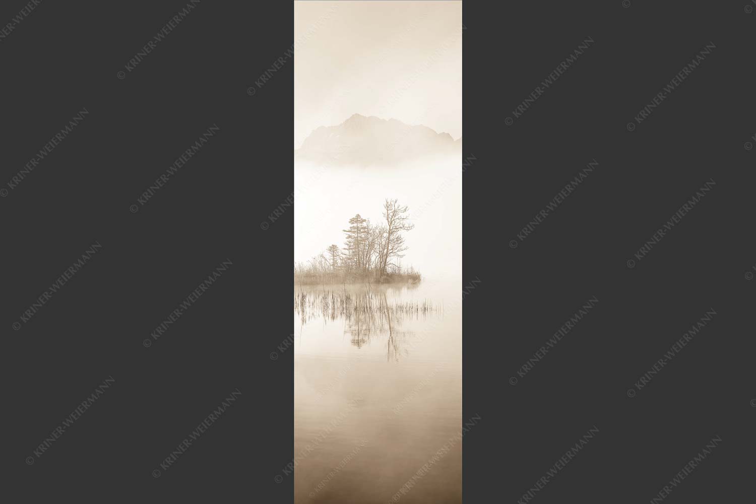 Blick über den Barmsee zum Wörner und Tiefkarspitze im Karwendelgebirge - Zwischen Spiegel und Schleier 1:3 sepia -- Barmsee mit Karwendel - mehr Infos bei www.Kriner-Weiermann.de