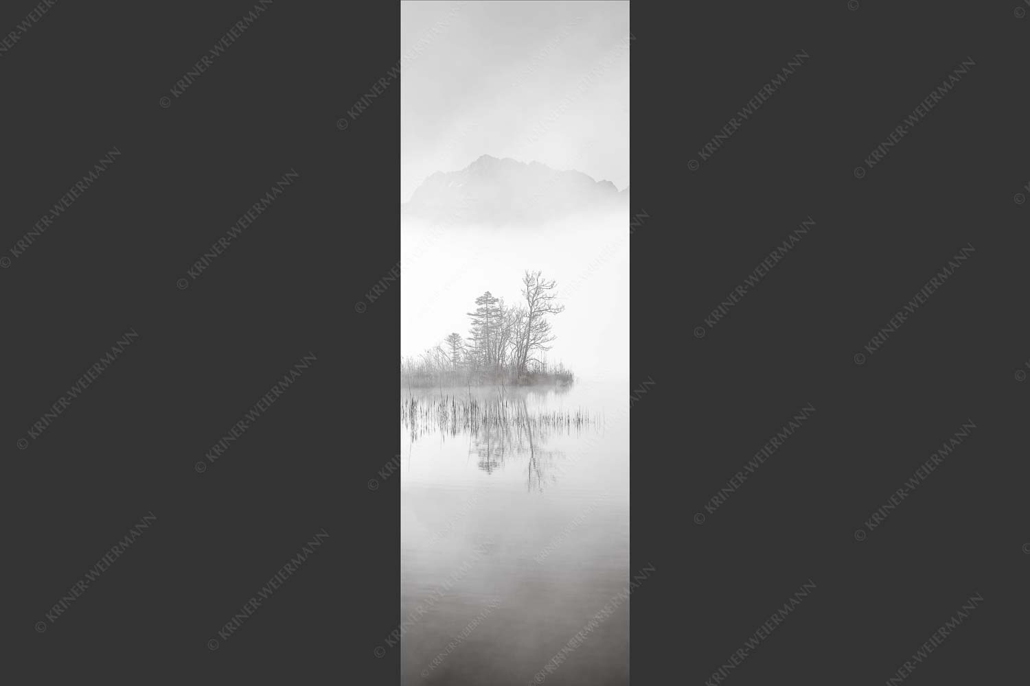 Blick über den Barmsee zum Wörner und Tiefkarspitze im Karwendelgebirge - Zwischen Spiegel und Schleier 1:3 sw -- Barmsee mit Karwendel - mehr Infos bei www.Kriner-Weiermann.de