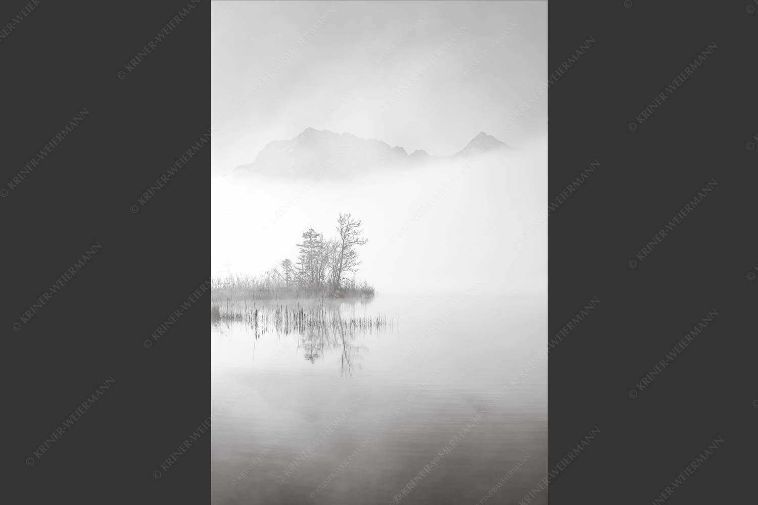 Blick über den Barmsee zum Wörner und Tiefkarspitze im Karwendelgebirge - Zwischen Spiegel und Schleier 2:3 sw -- Barmsee mit Karwendel - mehr Infos bei www.Kriner-Weiermann.de