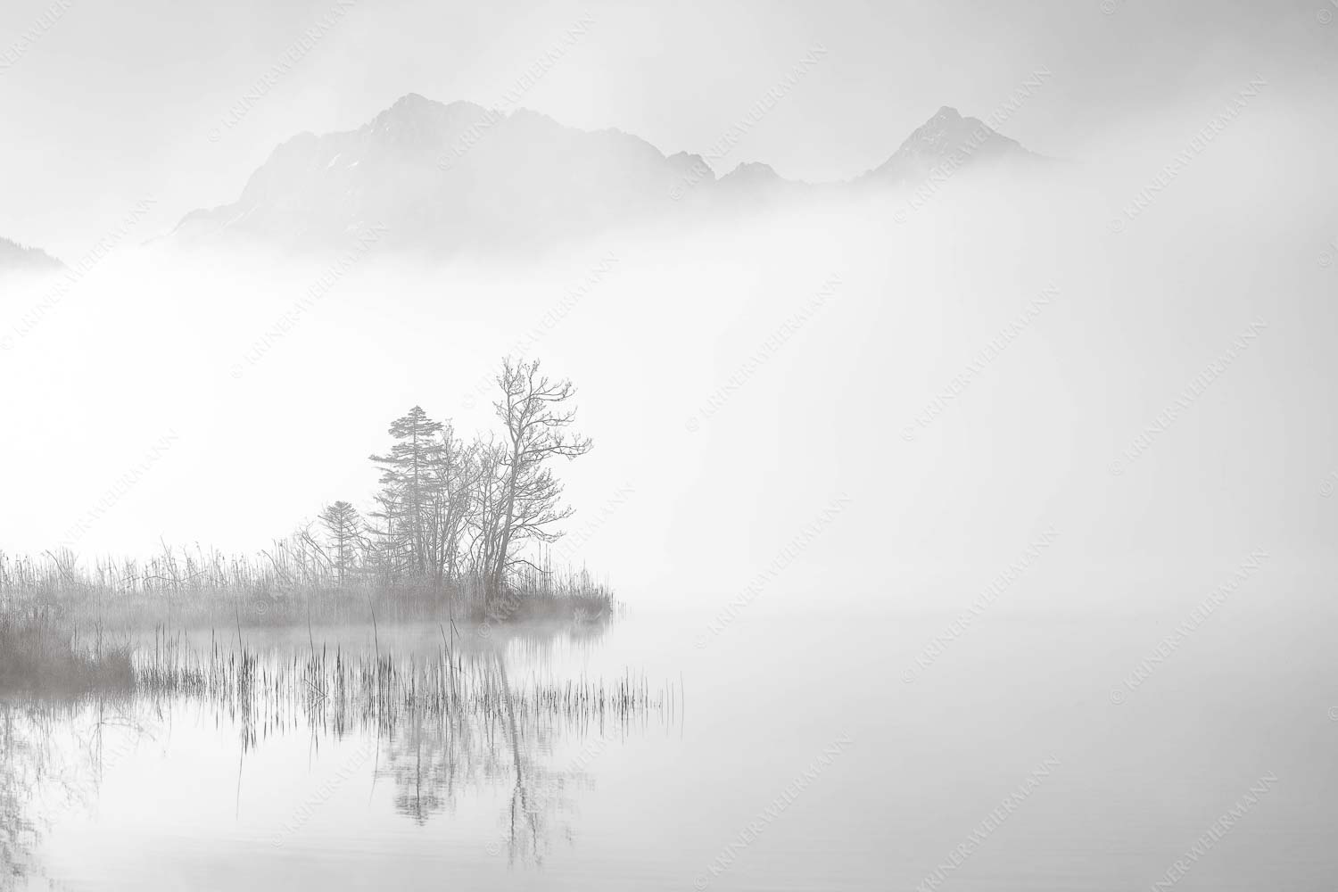 Blick über den Barmsee zum Wörner und Tiefkarspitze im Karwendelgebirge - Zwischen Spiegel und Schleier 3:2 sw -- Barmsee mit Karwendel - mehr Infos bei www.Kriner-Weiermann.de
