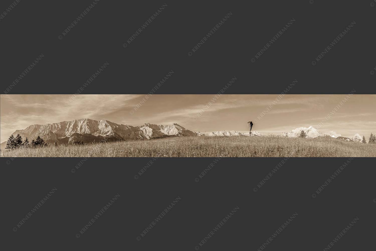 Blick über Blumenwiese am Eckbauer zum Wettersteingebirge - Traumhafte Wiesen 6:1 sepia -- Feldkreuz Eckbauer - mehr Infos bei www.Kriner-Weiermann.de