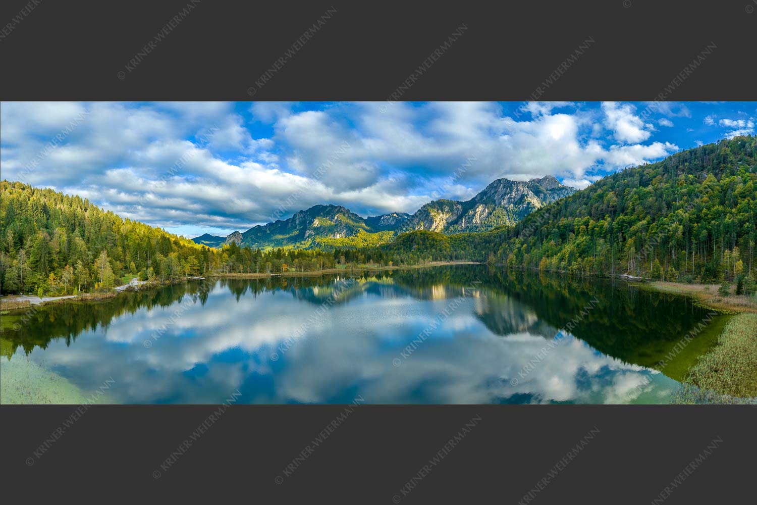 Blick über den Schwansee zum Schloss Neuschwanstein und Tegelberg - Übern Schwansee II 2,5:1  -- Füssen Schloss Neuschwanstein - mehr Infos bei www.Kriner-Weiermann.de