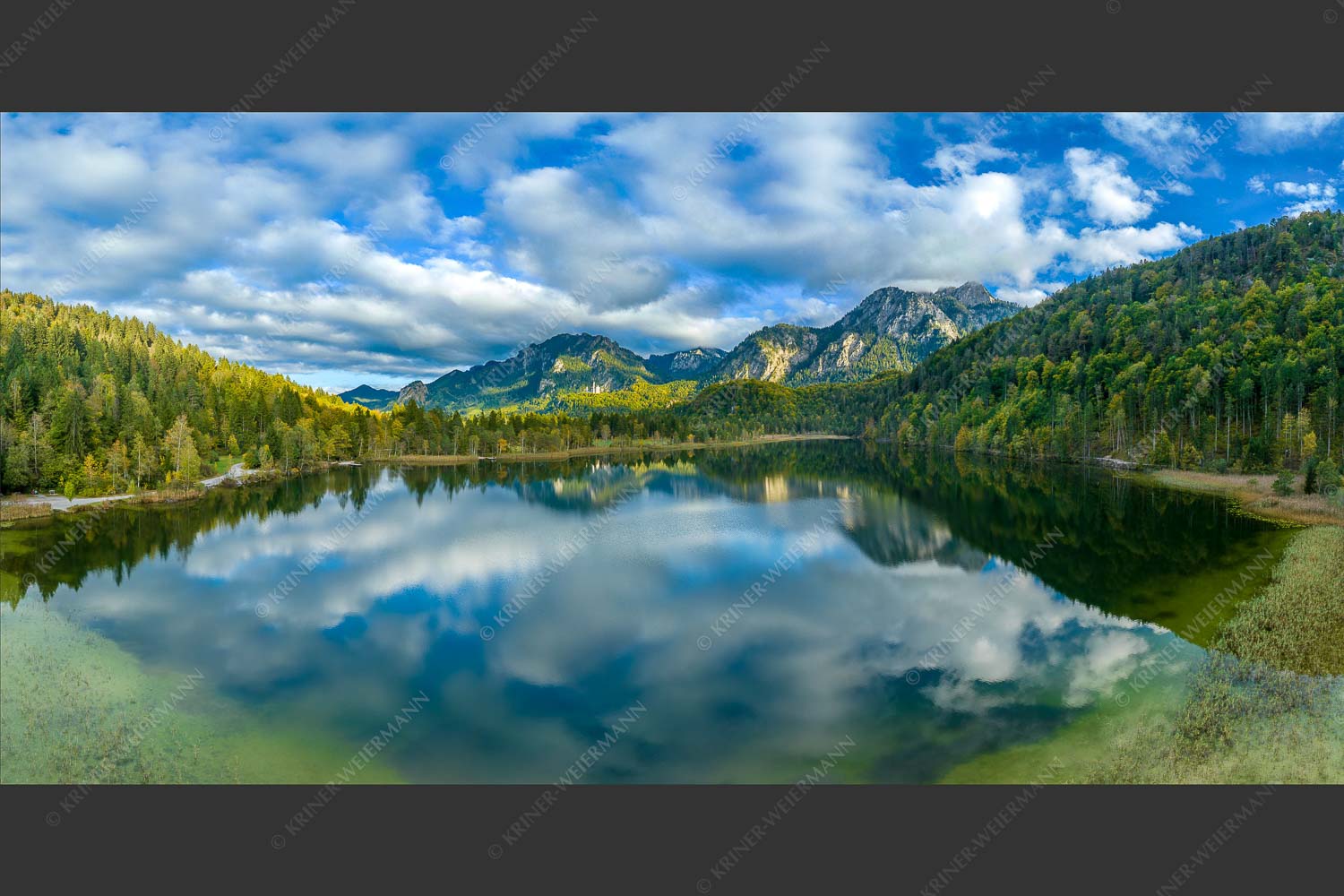 Blick über den Schwansee zum Schloss Neuschwanstein und Tegelberg - Übern Schwansee II 2:1  -- Füssen Schloss Neuschwanstein - mehr Infos bei www.Kriner-Weiermann.de