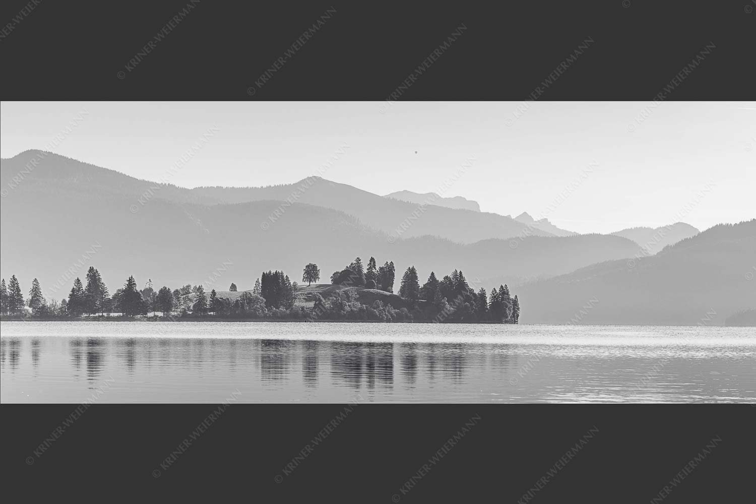 Blick über Halbinsel Zwergern zur Benediktenwand - Walchenseekonturen 2,5:1 sw -- Walchensee Benediktenwand - mehr Infos bei www.Kriner-Weiermann.de