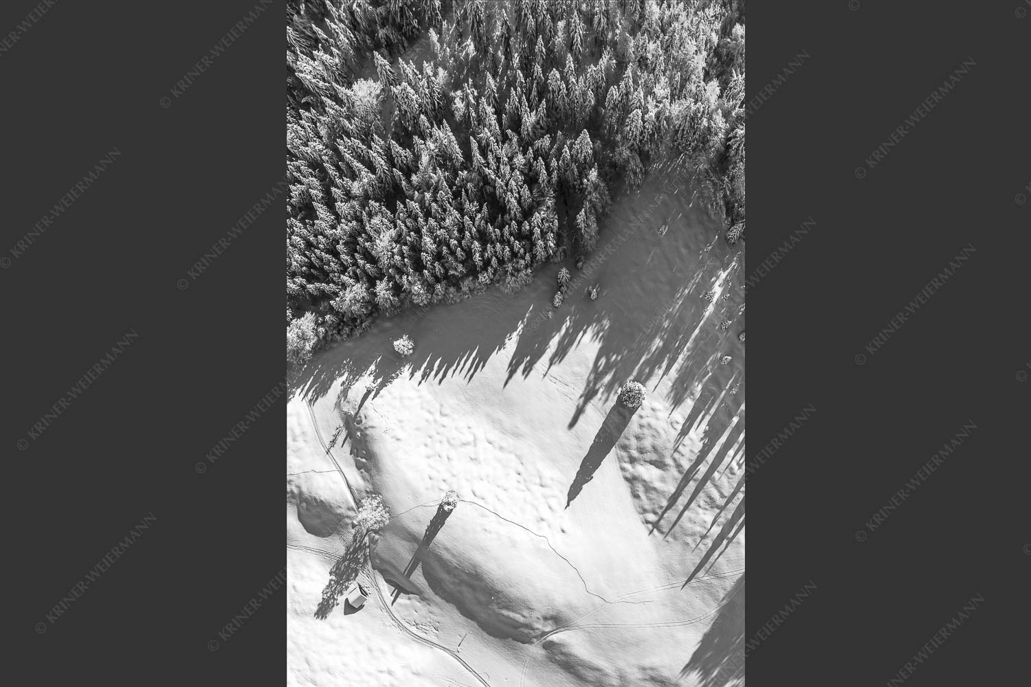 Stark verschneite Winterlandschaft im Estergebirge - Waldschatten 2:3 sw -- Wald Winter Schnee - mehr Infos bei www.Kriner-Weiermann.de