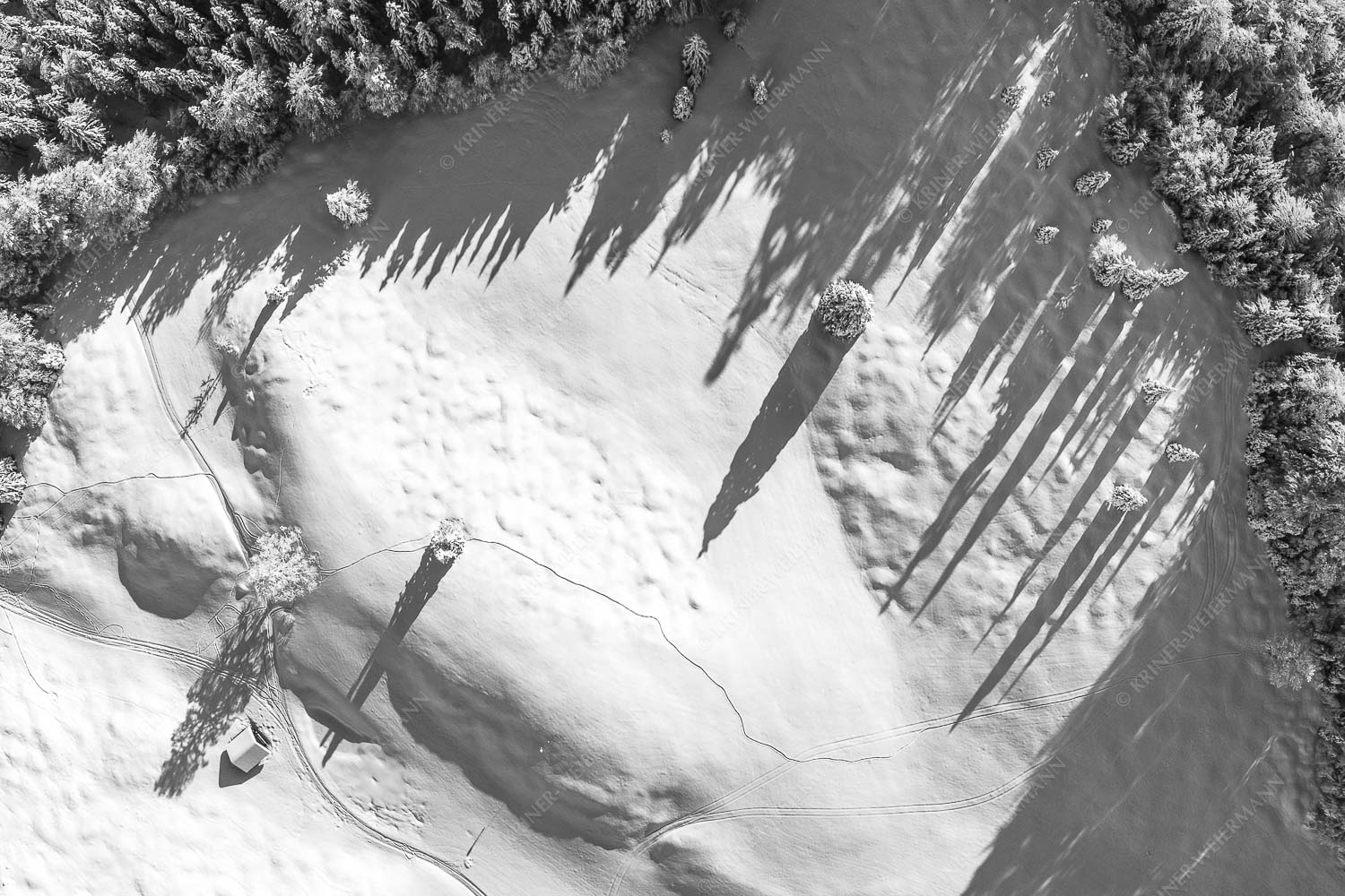 Stark verschneite Winterlandschaft im Estergebirge - Waldschatten 3:2 sw -- Wald Winter Schnee - mehr Infos bei www.Kriner-Weiermann.de
