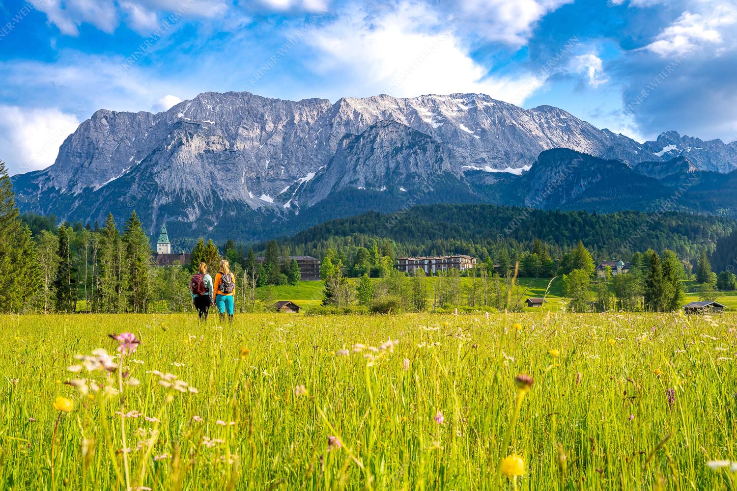 Blick zum Schloss Elmau und Wetterstein im Hintergrund - Wanderung ums Schloss II 3:2  -- Elmau Wiesen Wetterstein - mehr Infos bei www.Kriner-Weiermann.de
