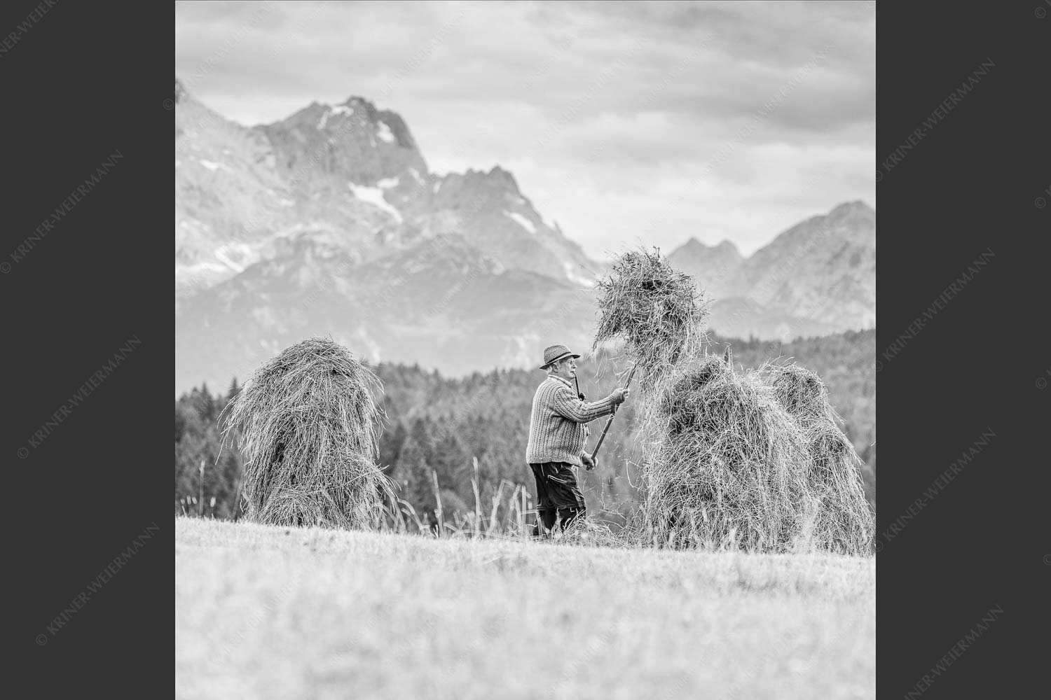 Stanker vor Zugspitzmassiv mit Hochblassen, Alpspitze, Zugspitze und Waxenstein - Wia friahra 1:1 sw -- Heuarbeit Heustankern - mehr Infos bei www.Kriner-Weiermann.de