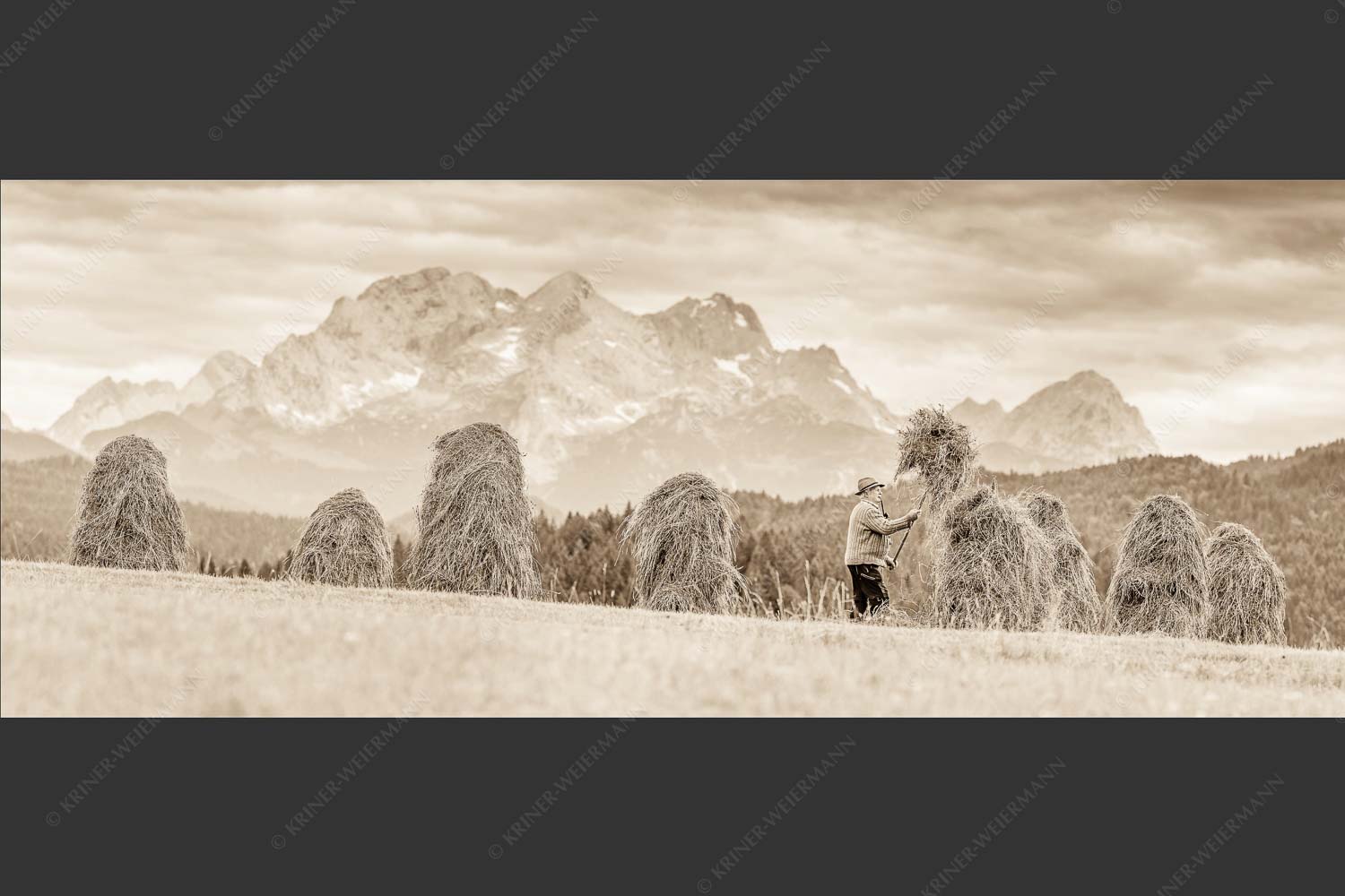 Stanker vor Zugspitzmassiv mit Hochblassen, Alpspitze, Zugspitze und Waxenstein - Wia friahra 2,5:1 sepia -- Heuarbeit Heustankern - mehr Infos bei www.Kriner-Weiermann.de