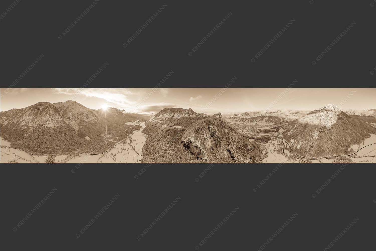 Blick ins Graswangtal und Oberammergau - Winter im Ammergebirge 5:1 sepia -- Kofel - mehr Infos bei www.Kriner-Weiermann.de