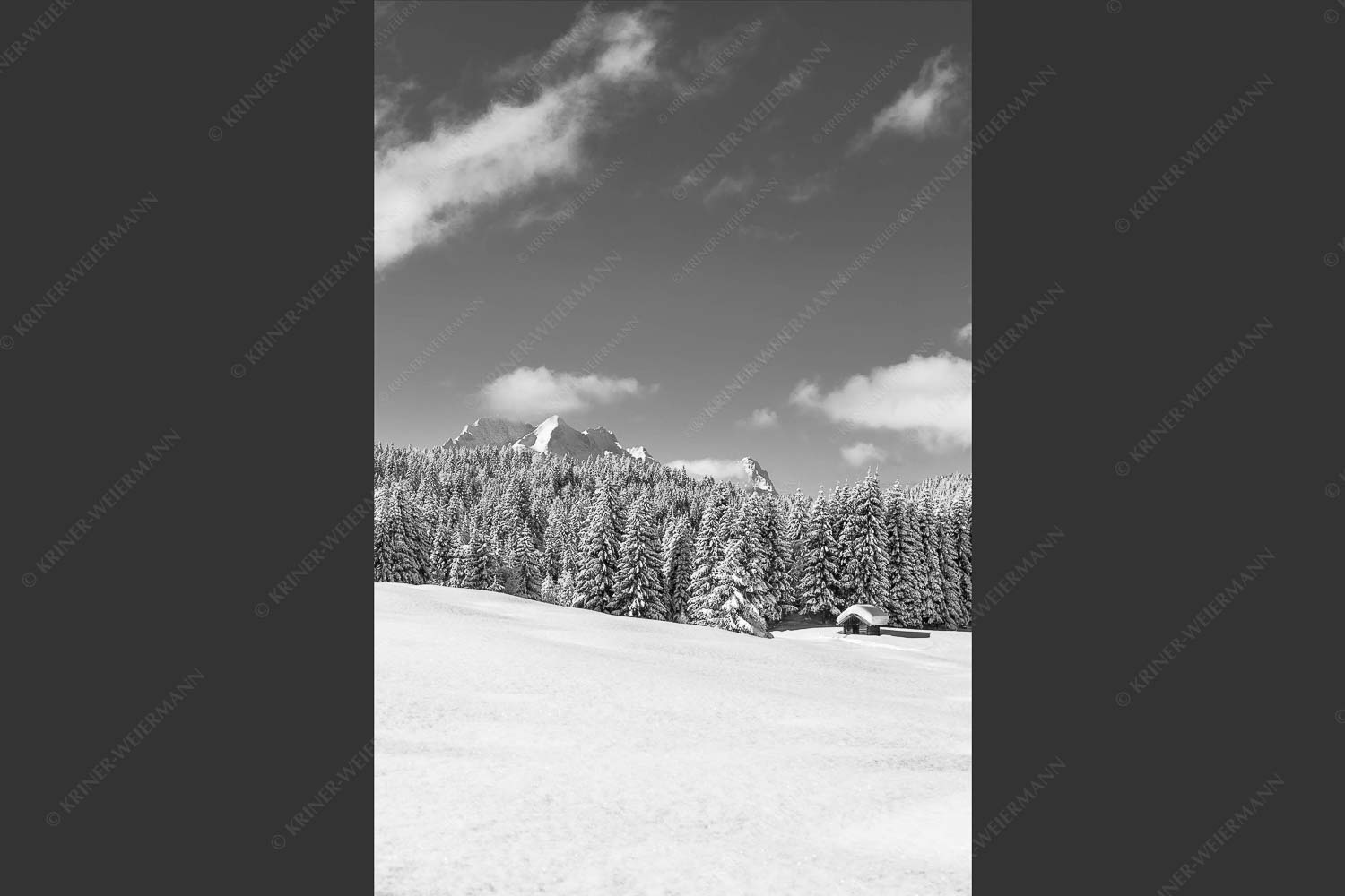 Blick zum Wetterstein mit Alpspitze, Zugspitze und Waxenstein - Winterliche Buckelwiesen II 2:3 sw -- Hütte im Schnee - mehr Infos bei www.Kriner-Weiermann.de