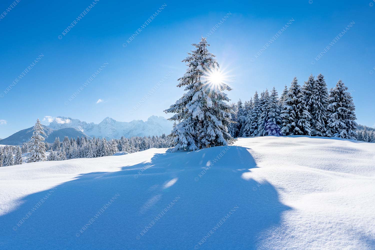 Verschneite Winterlandschaft mit Karwendel im Hintergrund - Winterliche Buckelwiesen 3:2  -- Schnee Karwendel - mehr Infos bei www.Kriner-Weiermann.de