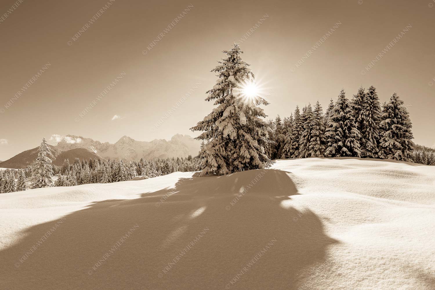 Verschneite Winterlandschaft mit Karwendel im Hintergrund - Winterliche Buckelwiesen 3:2 sepia -- Schnee Karwendel - mehr Infos bei www.Kriner-Weiermann.de