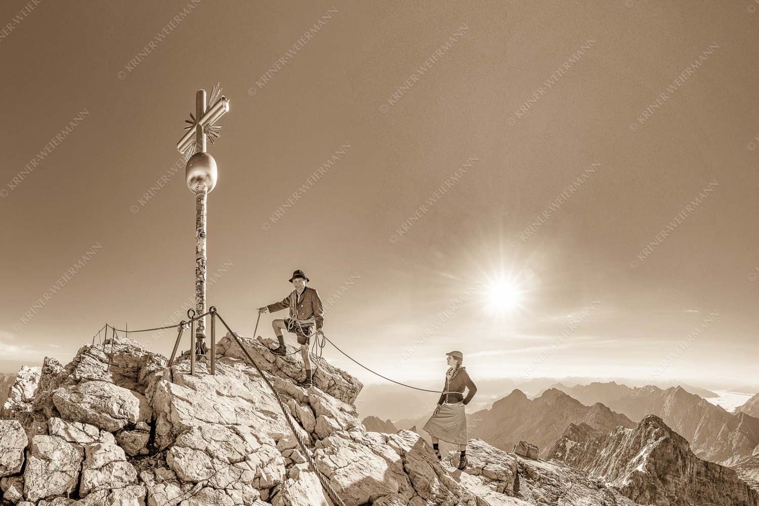 Zugspitzbesteigung historisch - Zugspitzbesteigung -historisch- 3:2 sepia -- Bergführer Zugspitzgipfel - mehr Infos bei www.Kriner-Weiermann.de