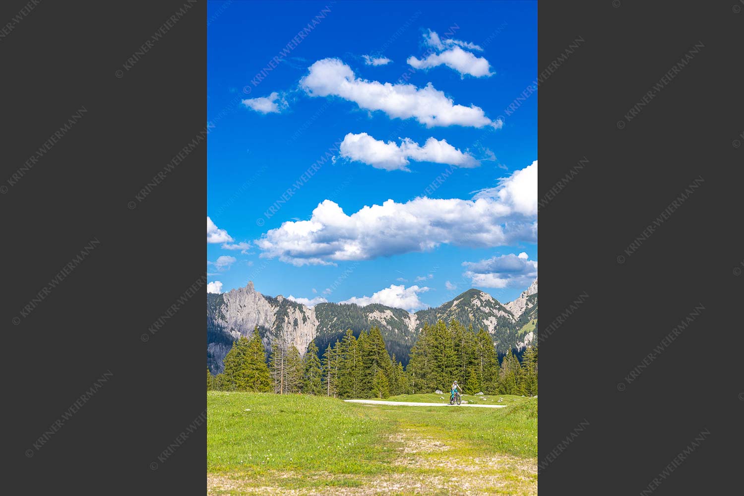 Radfahrer an der Fereinsalm mit Blick ins Karwendel - Wohlfühltour 2:3  -- Mountainbike im Karwendel - mehr Infos bei www.Kriner-Weiermann.de