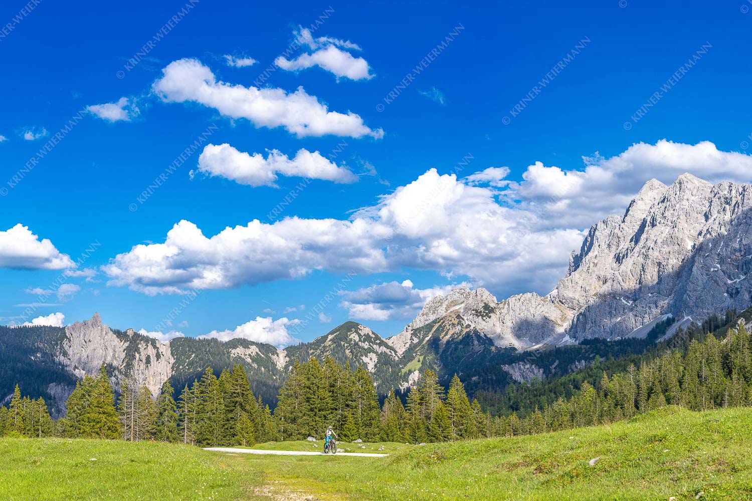 Radfahrer an der Fereinsalm mit Blick ins Karwendel - Wohlfühltour 3:2  -- Mountainbike im Karwendel - mehr Infos bei www.Kriner-Weiermann.de