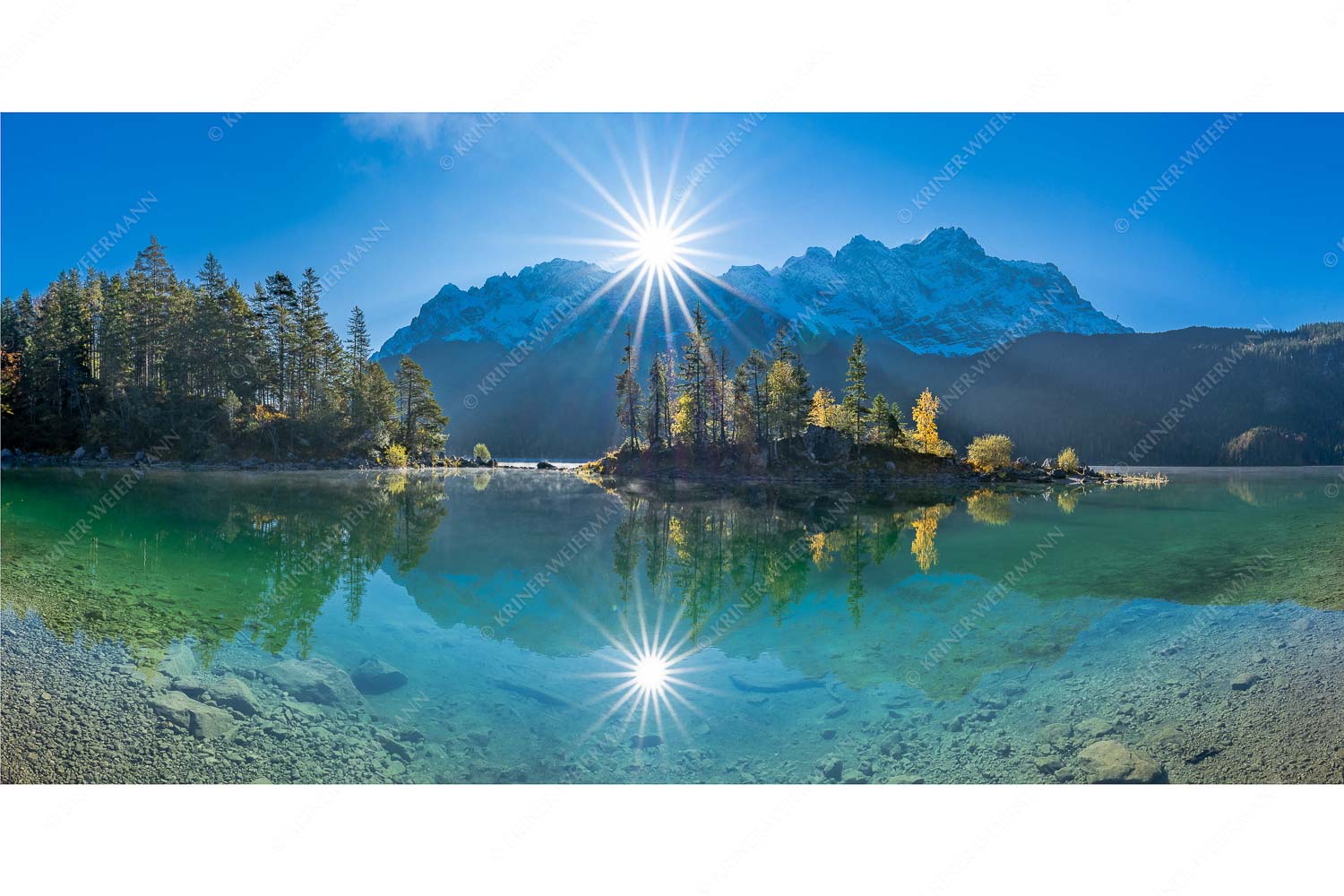 Blick über Eibsee zur Zugspitze im Wettersteingebirge - Eibseesterne_2zu1 - mehr Infos bei www.Kriner-Weiermann.de