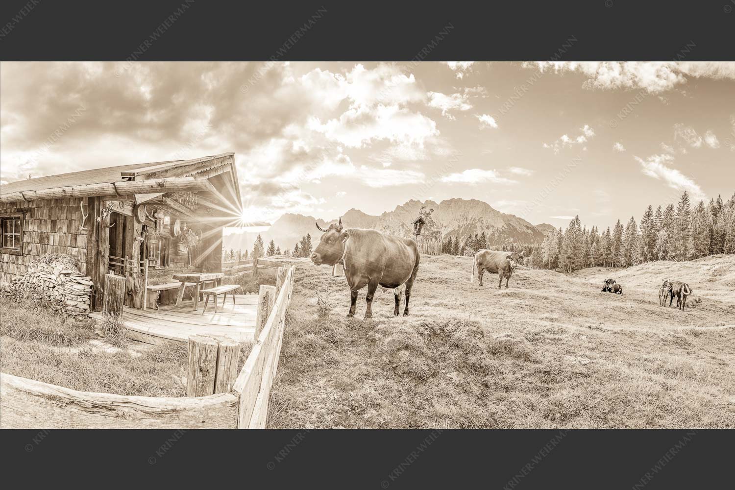 Malerische Almhütte bei Mittenwald mit Karwendel - Almbiente III 2:1 sepia -- Mittenwald Alm Buckelwiesen Karwendel - mehr Infos bei www.Kriner-Weiermann.de