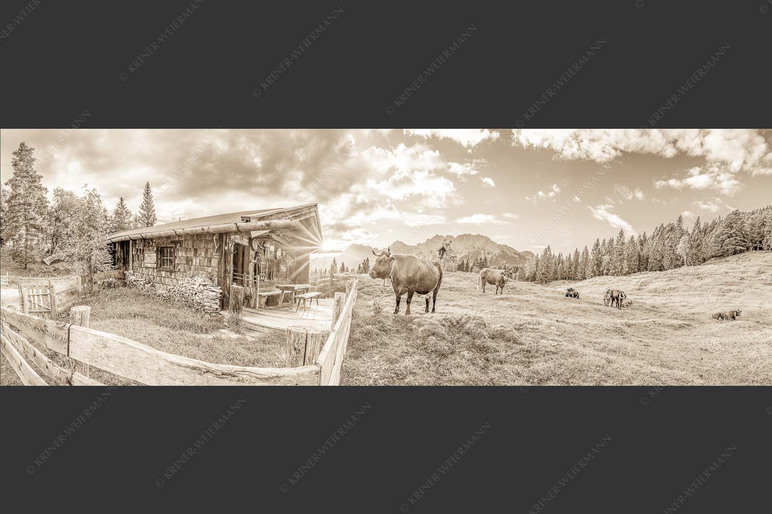 Malerische Almhütte bei Mittenwald mit Karwendel - Almbiente III 3:1 sepia -- Mittenwald Alm Buckelwiesen Karwendel - mehr Infos bei www.Kriner-Weiermann.de