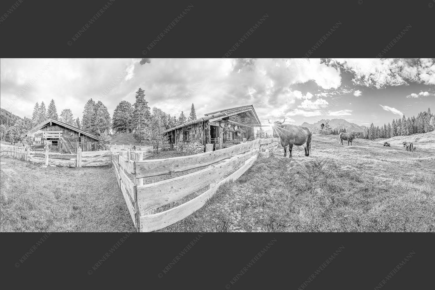 Malerische Almhütte bei Mittenwald mit Karwendel - Almbiente IV 2,5:1 sw -- Mittenwald Alm Buckelwiesen Karwendel - mehr Infos bei www.Kriner-Weiermann.de