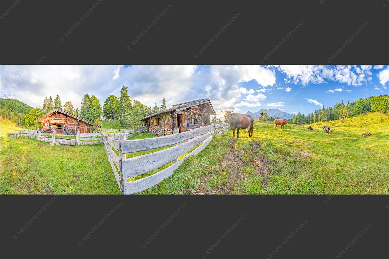 Malerische Almhütte bei Mittenwald mit Karwendel - Almbiente IV 3:1  -- Mittenwald Alm Buckelwiesen Karwendel - mehr Infos bei www.Kriner-Weiermann.de