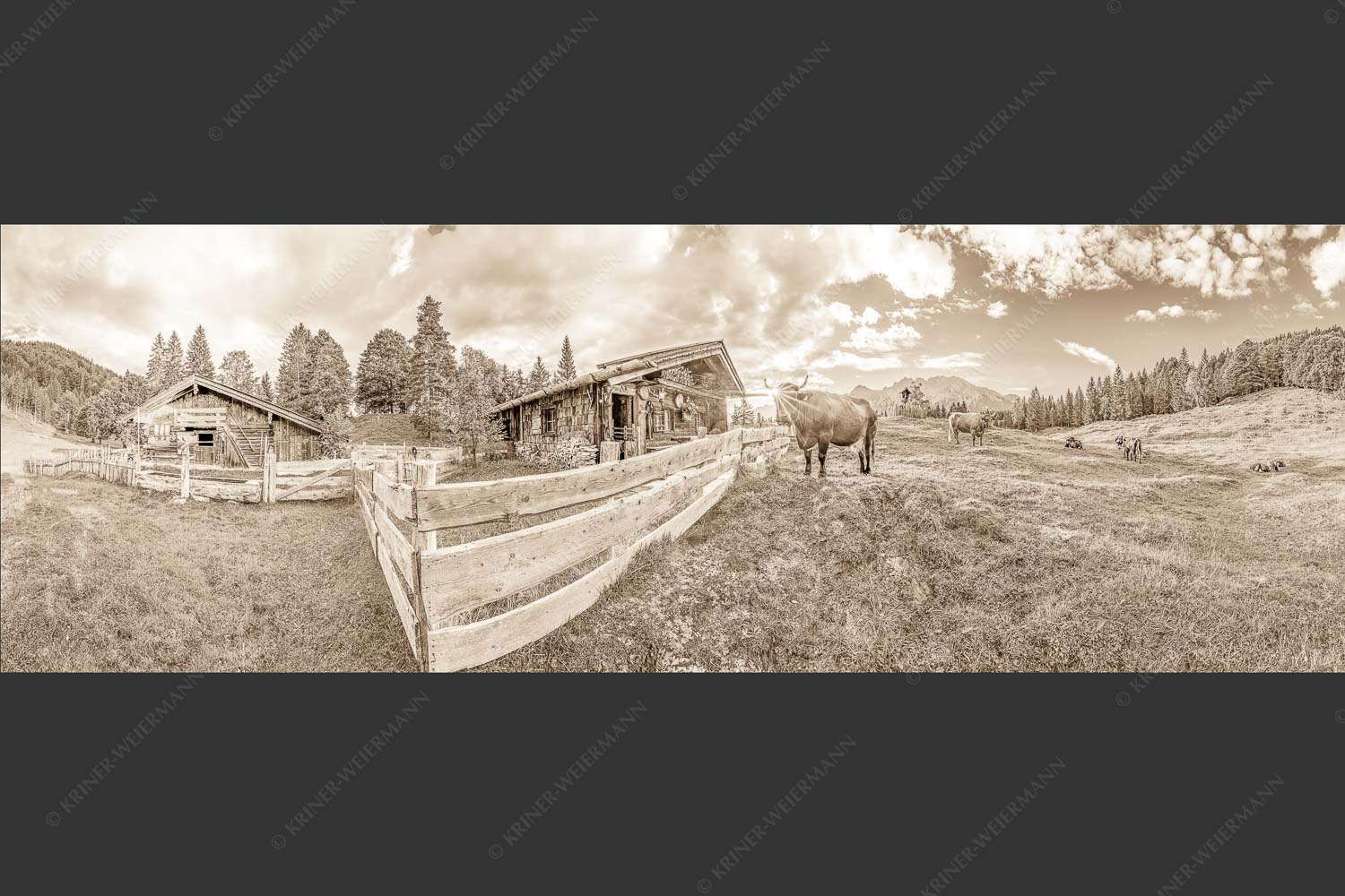 Malerische Almhütte bei Mittenwald mit Karwendel - Almbiente IV 3:1 sepia -- Mittenwald Alm Buckelwiesen Karwendel - mehr Infos bei www.Kriner-Weiermann.de