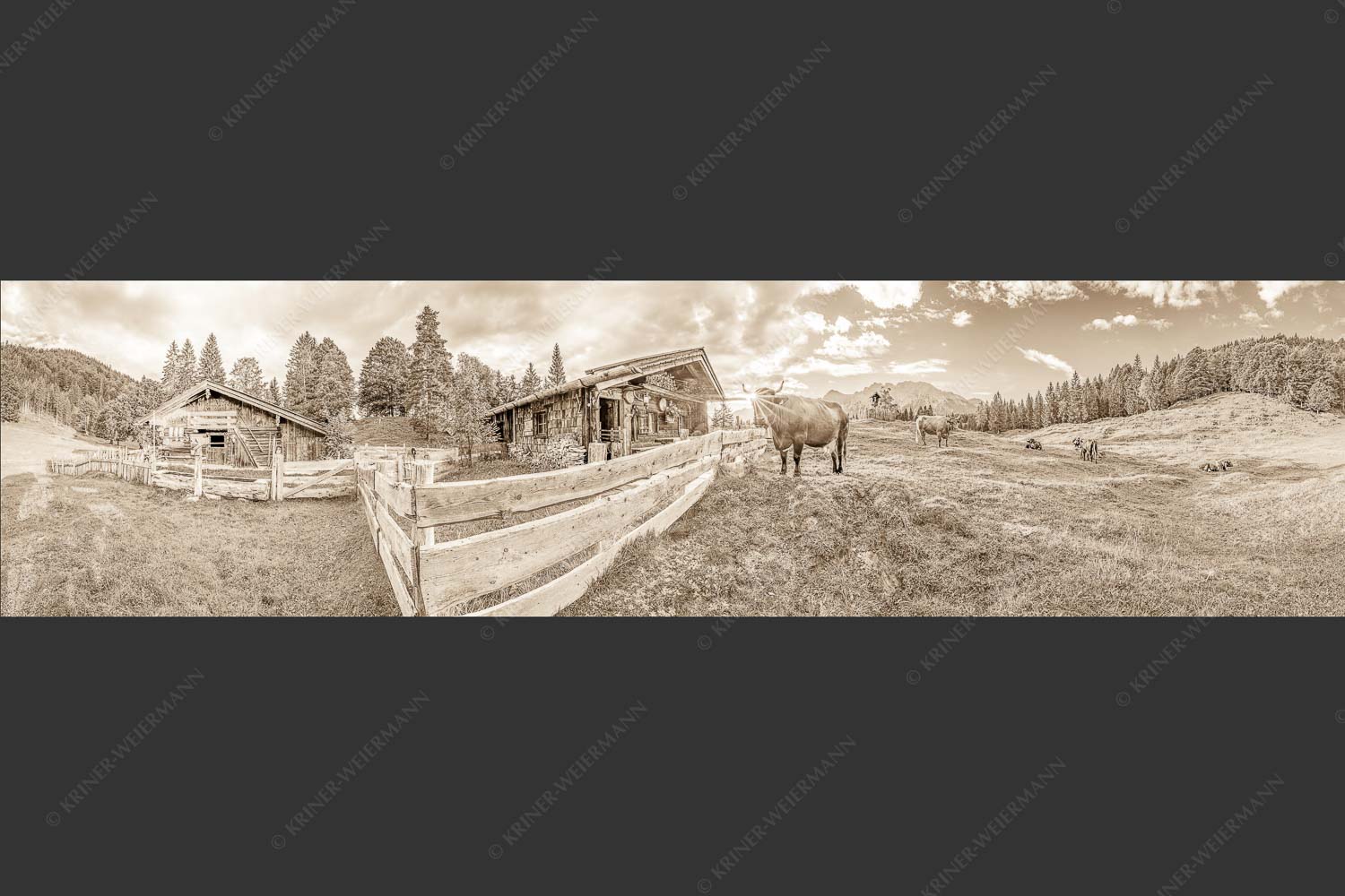 Malerische Almhütte bei Mittenwald mit Karwendel - Almbiente IV 4:1 sepia -- Mittenwald Alm Buckelwiesen Karwendel - mehr Infos bei www.Kriner-Weiermann.de