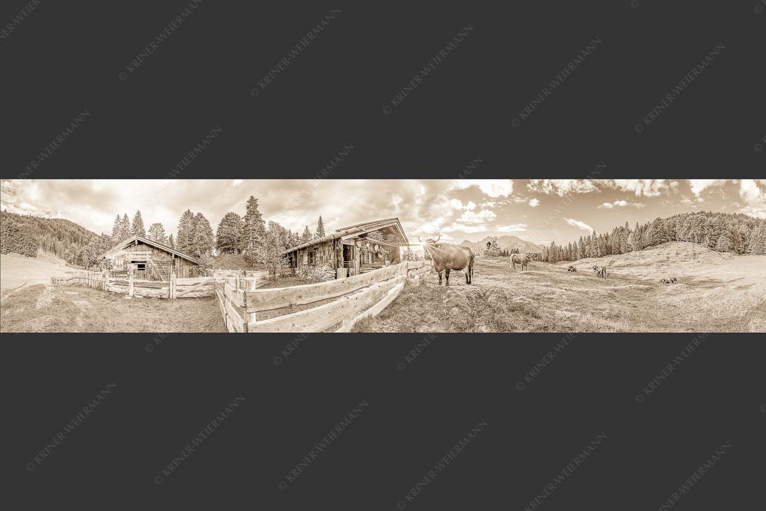 Malerische Almhütte bei Mittenwald mit Karwendel - Almbiente IV 5:1 sepia -- Mittenwald Alm Buckelwiesen Karwendel - mehr Infos bei www.Kriner-Weiermann.de