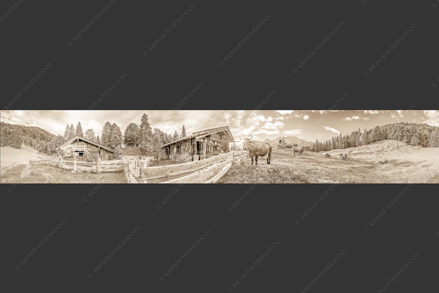 Malerische Almhütte bei Mittenwald mit Karwendel - Almbiente IV 6:1 sepia -- Mittenwald Alm Buckelwiesen Karwendel - mehr Infos bei www.Kriner-Weiermann.de