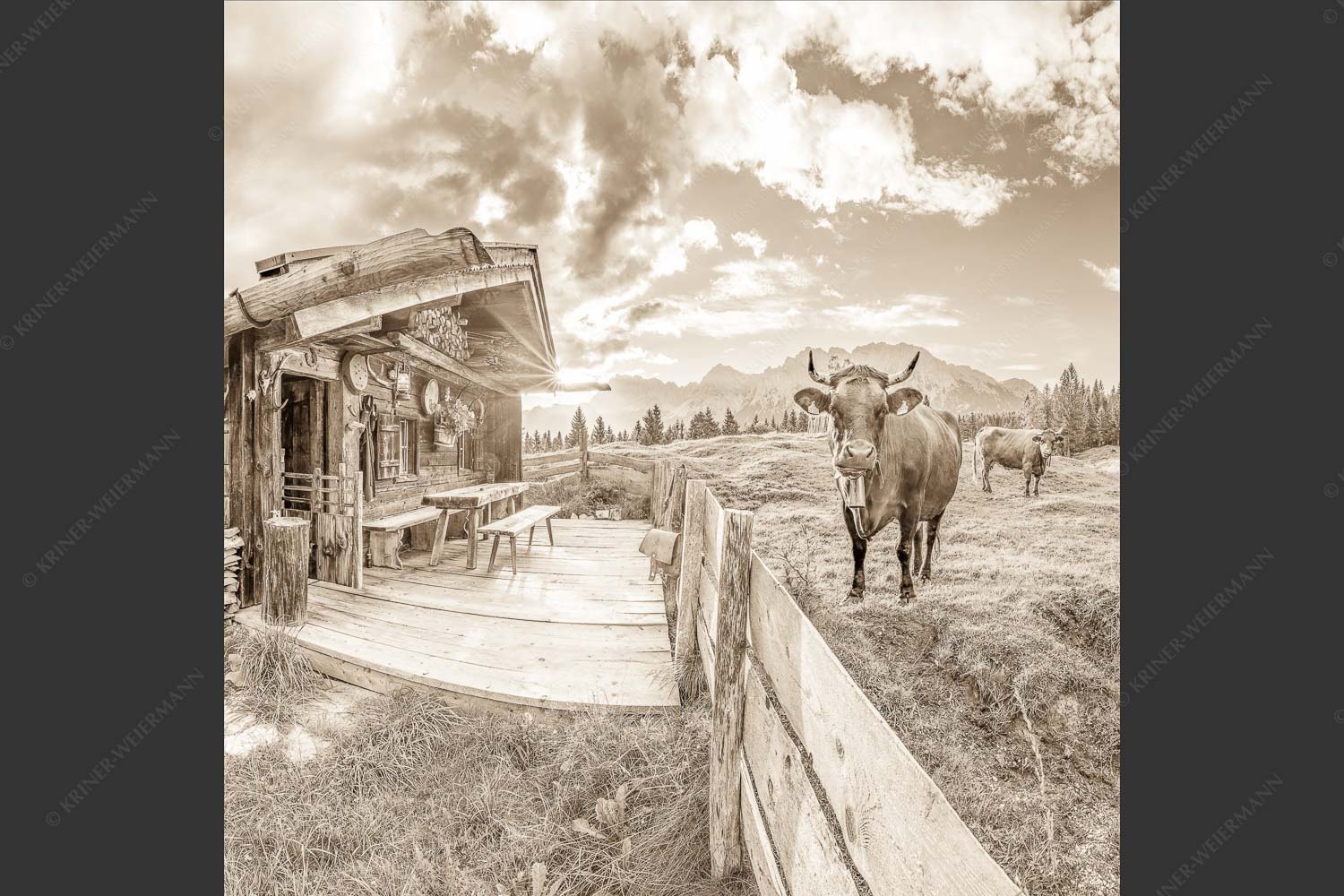 Malerische Almhütte bei Mittenwald mit Karwendel - Almbiente 1:1 sepia -- Mittenwald Alm Buckelwiesen Karwendel - mehr Infos bei www.Kriner-Weiermann.de