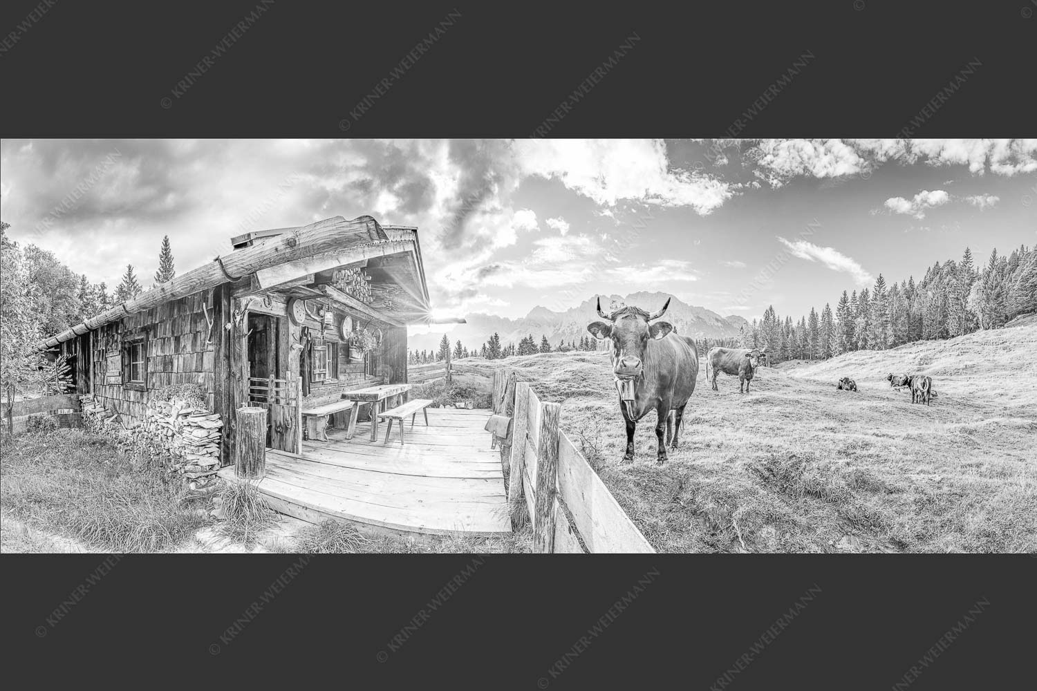 Malerische Almhütte bei Mittenwald mit Karwendel - Almbiente 2,5:1 sw -- Mittenwald Alm Buckelwiesen Karwendel - mehr Infos bei www.Kriner-Weiermann.de