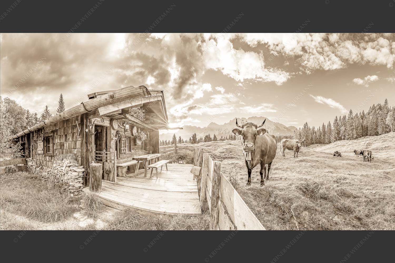 Malerische Almhütte bei Mittenwald mit Karwendel - Almbiente 2:1 sepia -- Mittenwald Alm Buckelwiesen Karwendel - mehr Infos bei www.Kriner-Weiermann.de