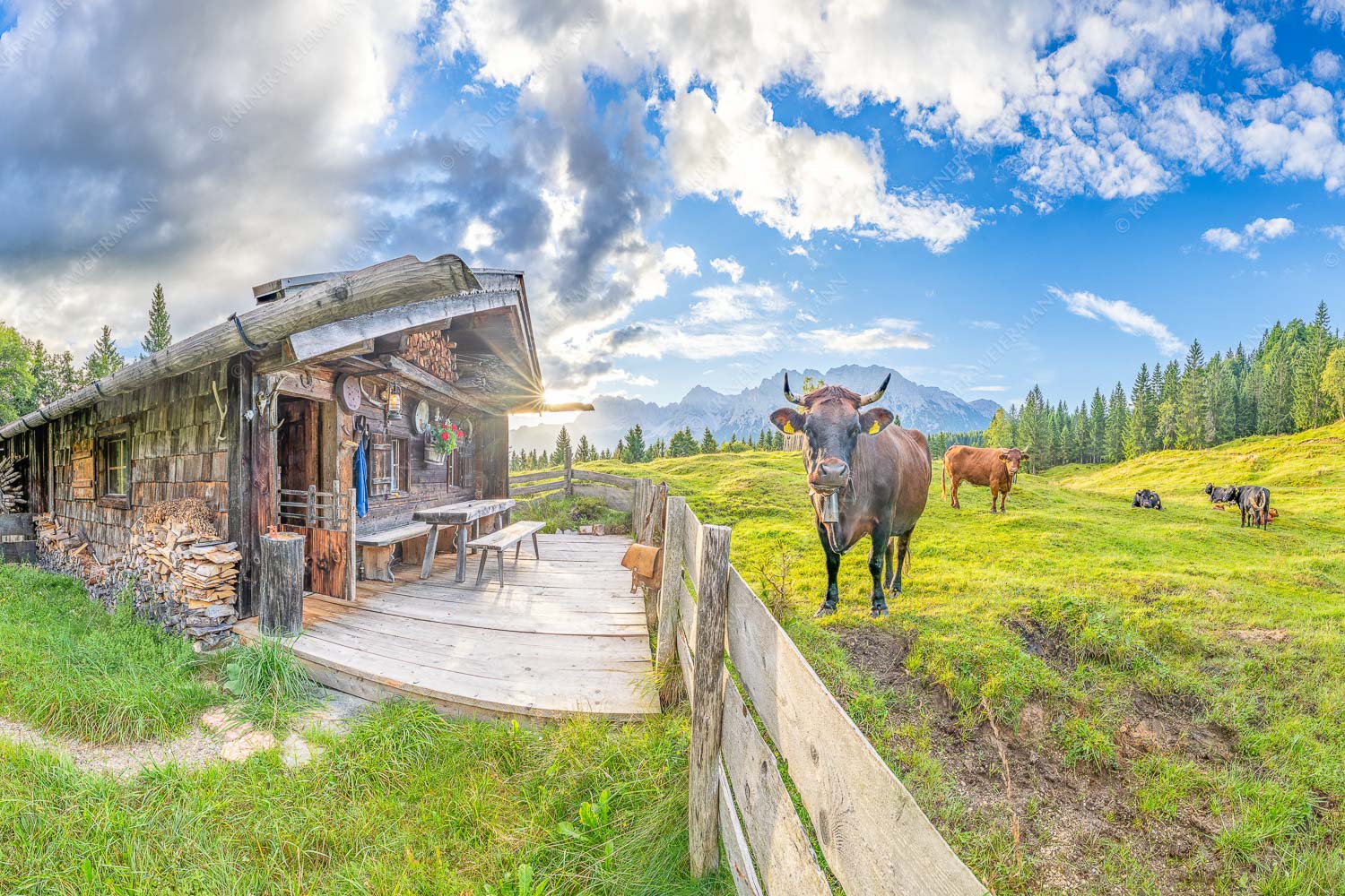 Malerische Almhütte bei Mittenwald mit Karwendel - Almbiente 3:2  -- Mittenwald Alm Buckelwiesen Karwendel - mehr Infos bei www.Kriner-Weiermann.de