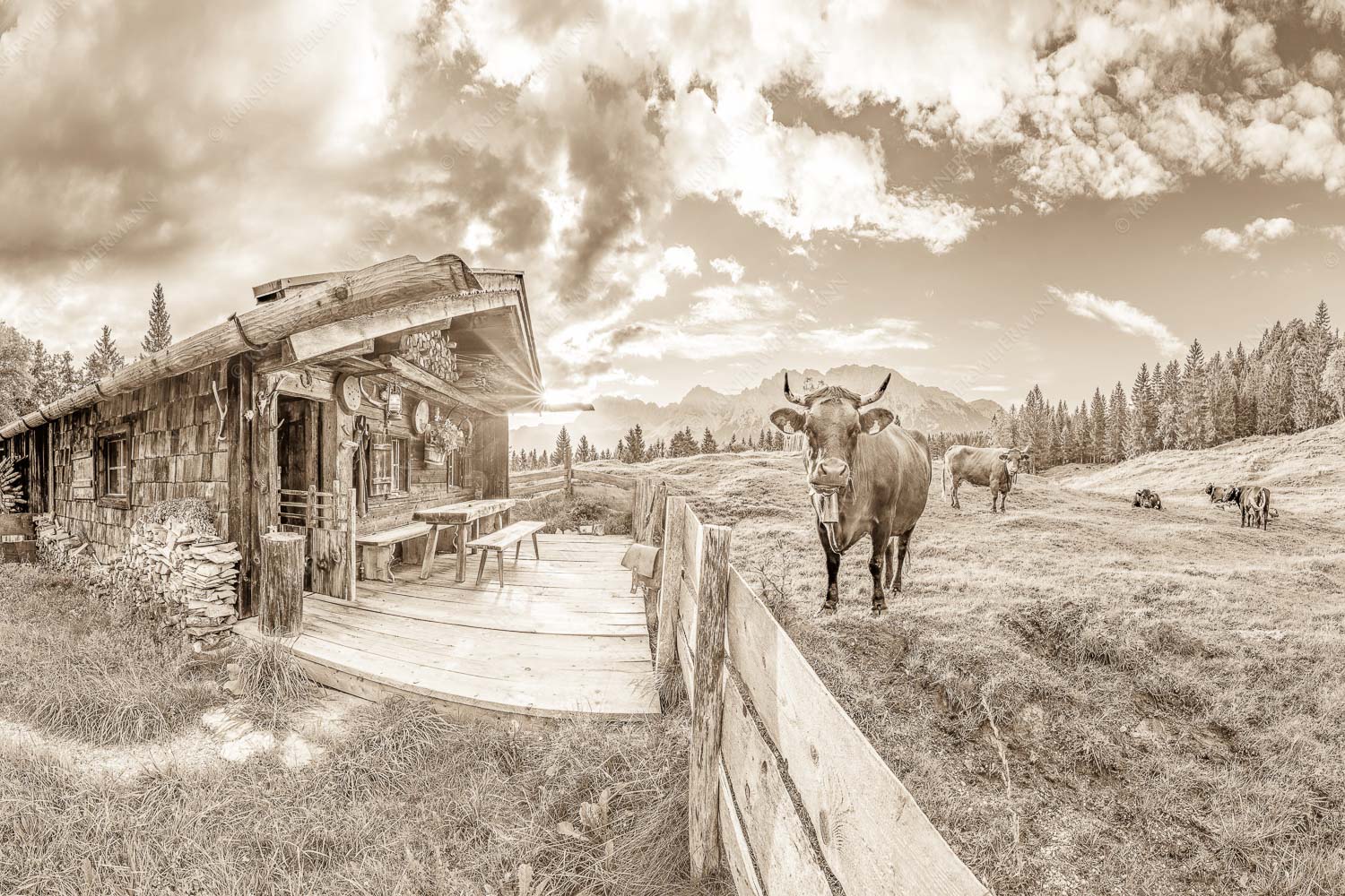 Malerische Almhütte bei Mittenwald mit Karwendel - Almbiente 3:2 sepia -- Mittenwald Alm Buckelwiesen Karwendel - mehr Infos bei www.Kriner-Weiermann.de
